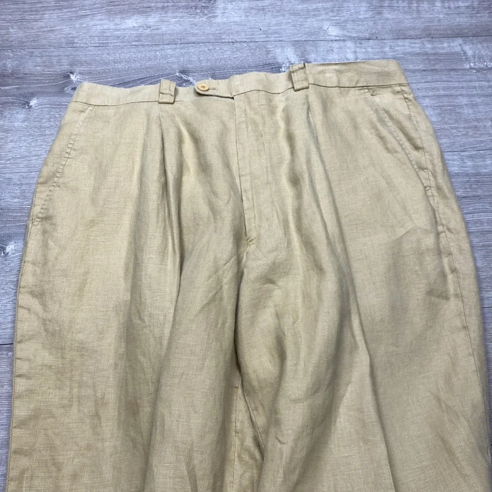 Inserch Linen Pleated Trousers Mens 38 Tan Wide Leg Cuffed Summer Dress Pants